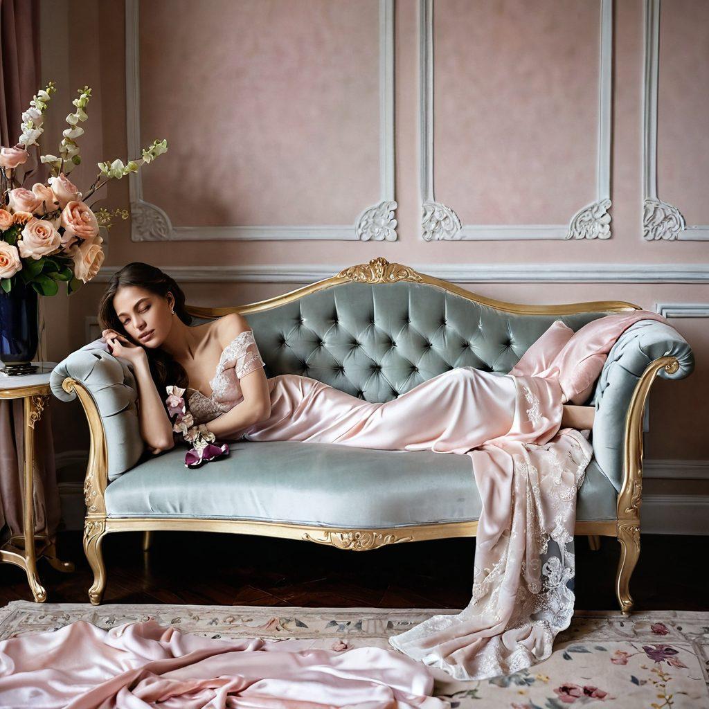 A serene setting featuring elegant intimate apparel displayed on a lush velvet chaise lounge. Delicate lace and silk garments exude luxury, with soft diffused light casting gentle shadows. Include soft pastel flowers and shimmering satin in the background to enhance the opulent atmosphere. The scene radiates joy and sophistication, inviting the viewer to explore elegance. super-realistic. vibrant colors. soft focus.